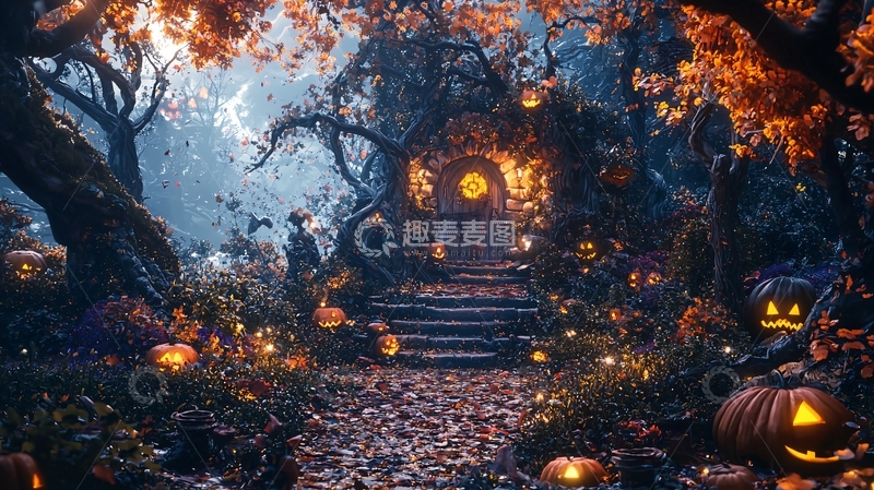 高清大图下载【趣麦麦图】万圣节森林中的南瓜灯小屋