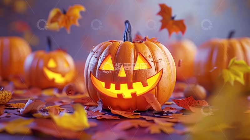 高清大图下载【趣麦麦图】万圣节南瓜灯与落叶