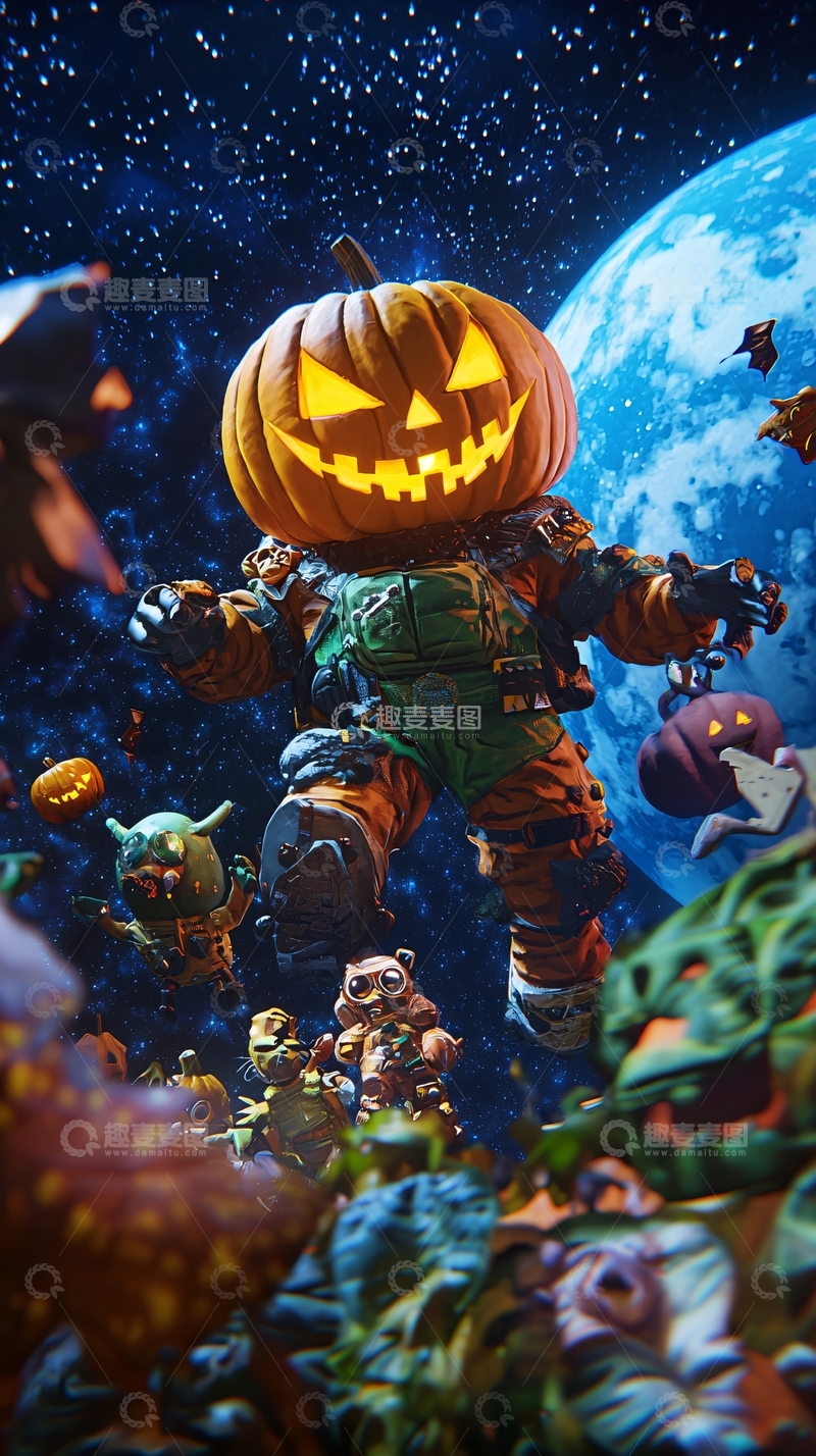 高清大图下载【趣麦麦图】万圣节太空南瓜机器人