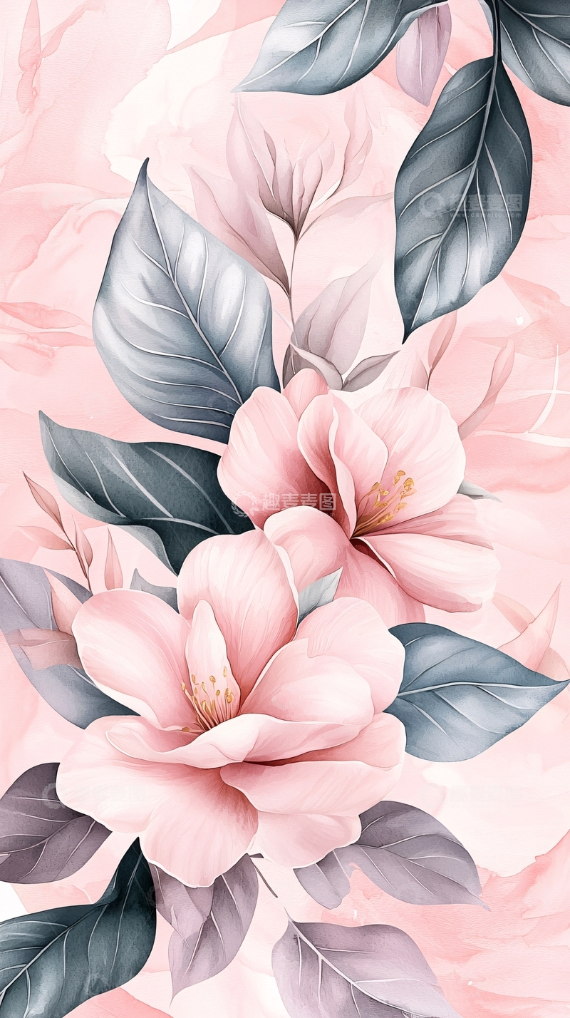 高清大图下载【趣麦麦图】粉色花朵与叶子背景图