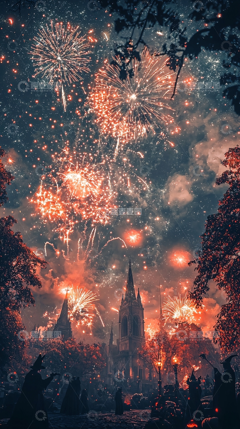 高清大图下载【趣麦麦图】夜空烟花与巫师的奇幻场景