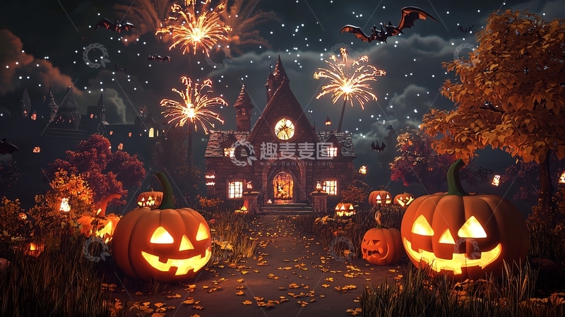 高清大图下载【趣麦麦图】万圣节夜景南瓜灯烟花