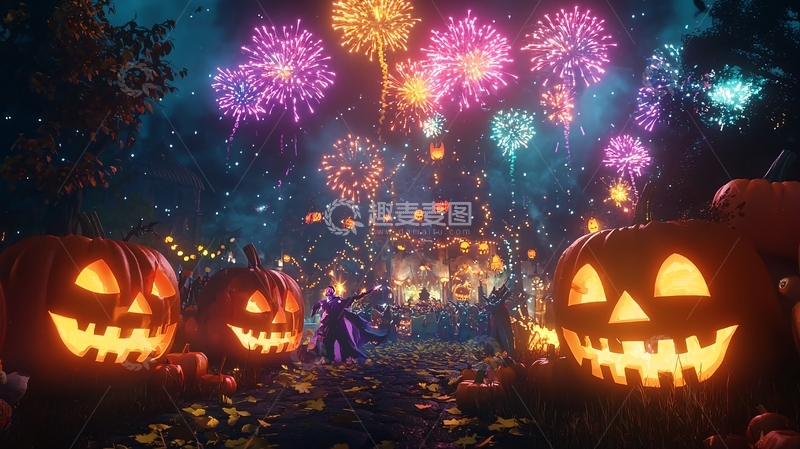 高清大图下载【趣麦麦图】万圣节夜景烟花南瓜灯