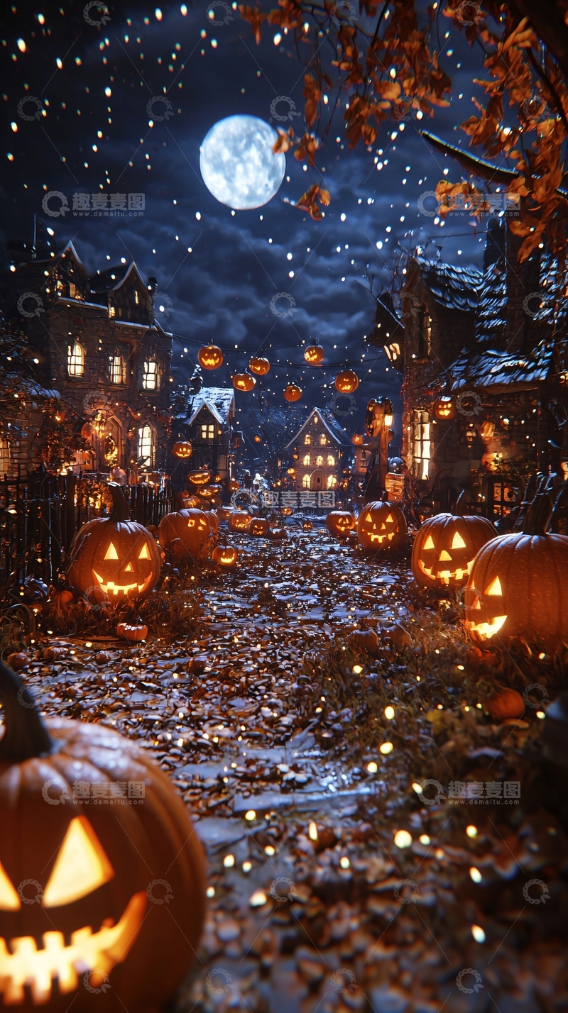 高清大图下载【趣麦麦图】万圣节南瓜灯村庄夜景