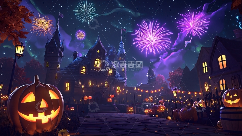 高清大图下载【趣麦麦图】万圣节夜景烟花南瓜灯