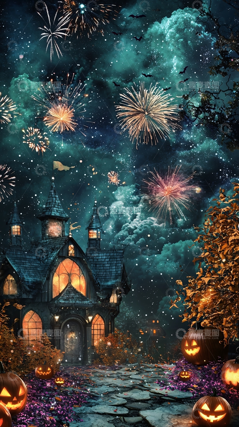 高清大图下载【趣麦麦图】万圣节夜景烟花城堡南瓜灯