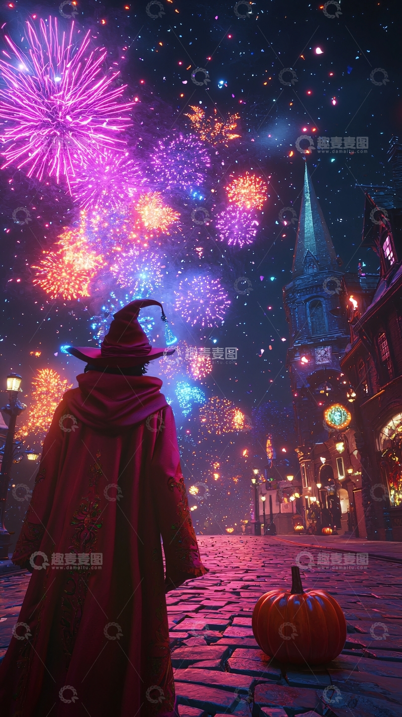 高清大图下载【趣麦麦图】万圣节夜空下的魔法师