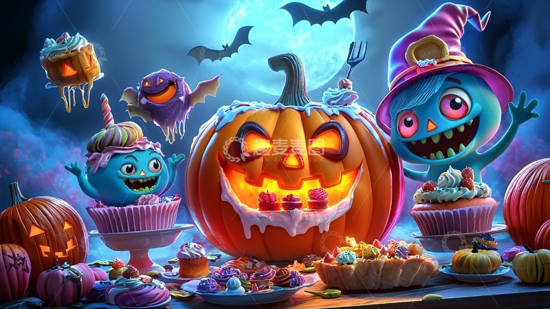 高清大图下载【趣麦麦图】万圣节主题派对蛋糕和怪物