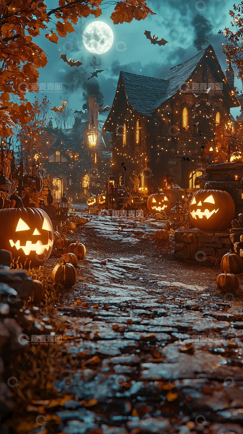 高清大图下载【趣麦麦图】万圣节夜晚村庄