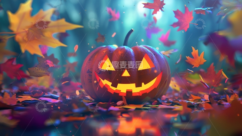 高清大图下载【趣麦麦图】万圣节南瓜灯与落叶