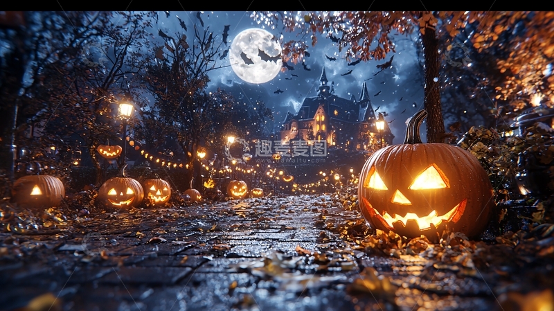 高清大图下载【趣麦麦图】万圣节南瓜灯与城堡夜景