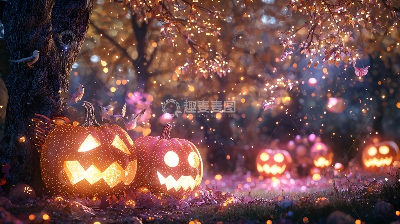 高清大图下载【趣麦麦图】万圣节南瓜灯森林夜景
