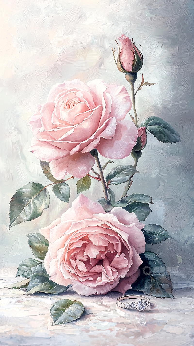 高清大图下载【趣麦麦图】粉玫瑰与戒指静物画