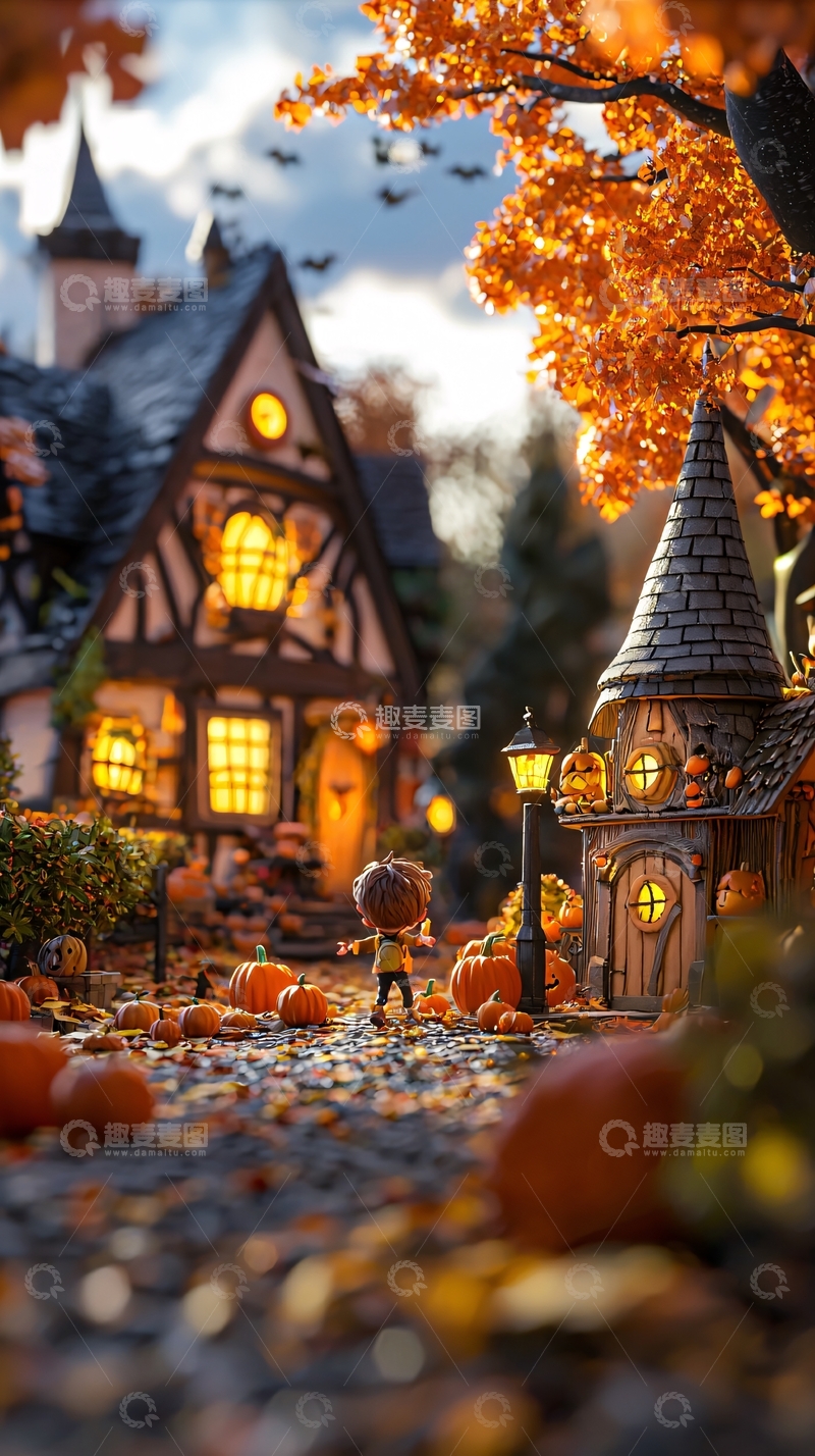 高清大图下载【趣麦麦图】秋日童话小镇南瓜灯