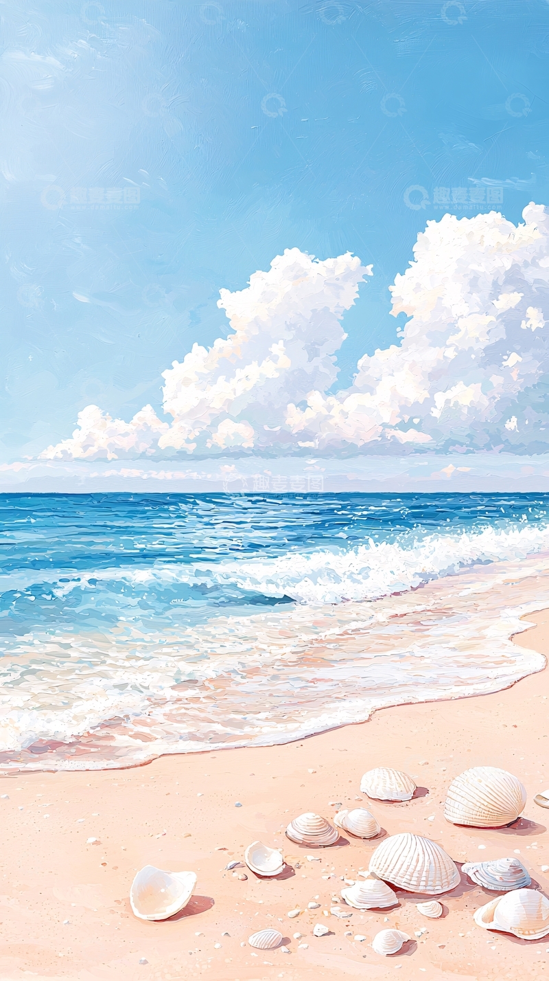 高清大图下载【趣麦麦图】海滩贝壳风景画