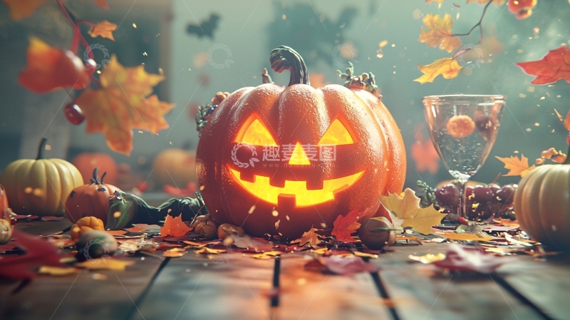 高清大图下载【趣麦麦图】万圣节南瓜灯与落叶场景