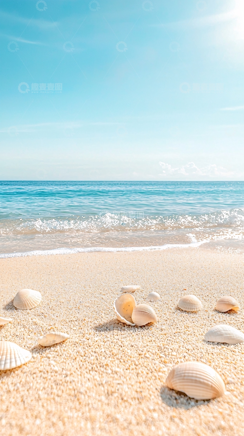 高清大图下载【趣麦麦图】海滩上的贝壳与海浪