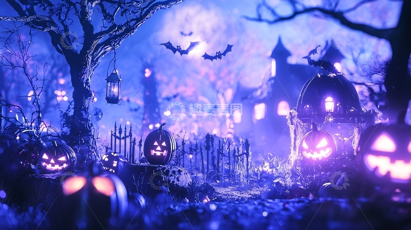高清大图下载【趣麦麦图】万圣节夜晚南瓜灯装饰场景
