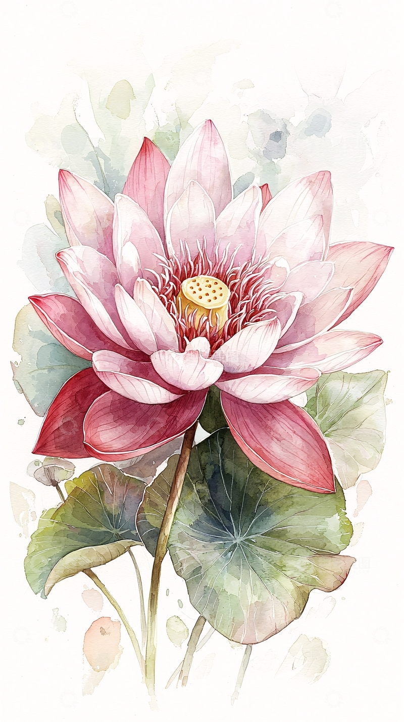 高清大图下载【趣麦麦图】粉红莲花水彩画艺术插图