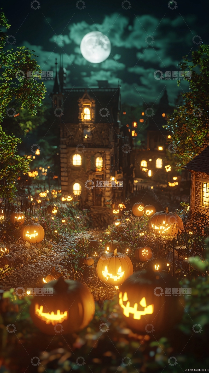 高清大图下载【趣麦麦图】万圣节南瓜灯与古堡夜景