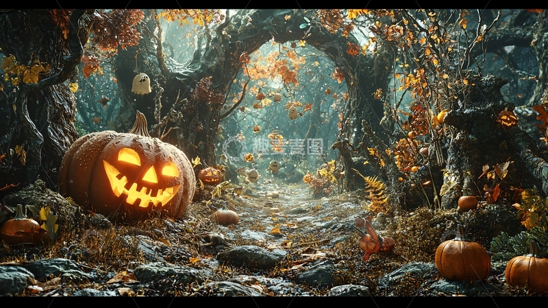 高清大图下载【趣麦麦图】万圣节森林中的南瓜灯