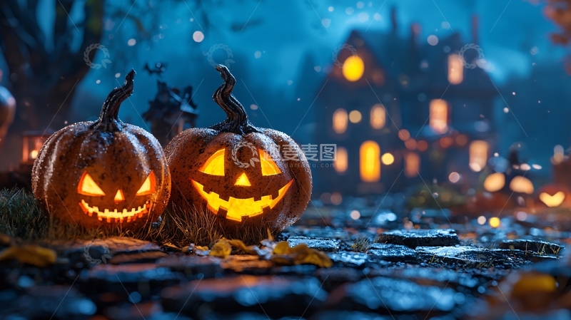 高清大图下载【趣麦麦图】万圣节南瓜灯与鬼屋夜景