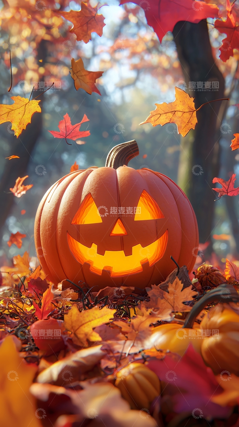高清大图下载【趣麦麦图】秋日南瓜灯与落叶