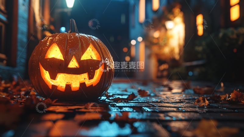 高清大图下载【趣麦麦图】万圣节夜晚南瓜灯街道
