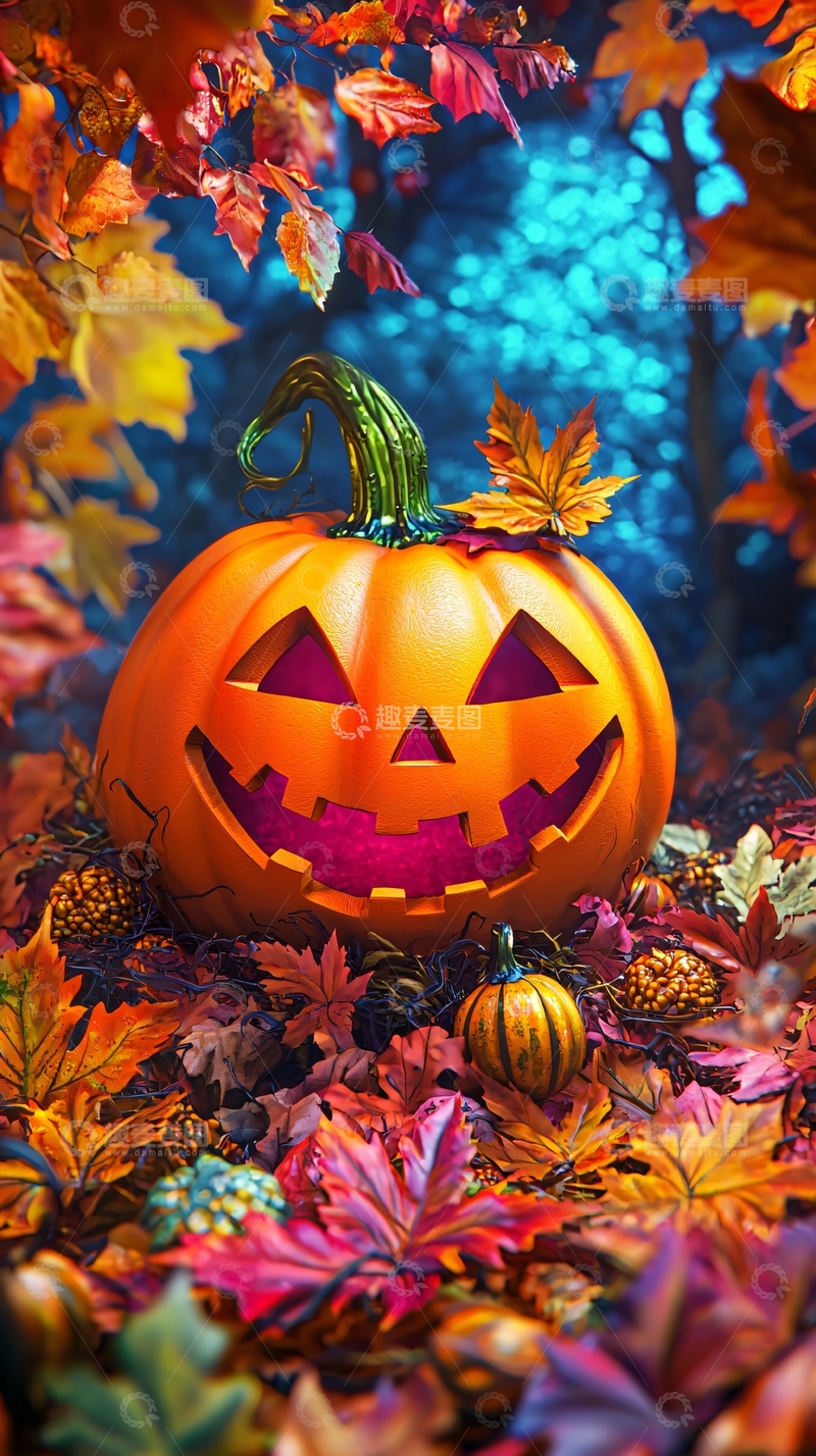 高清大图下载【趣麦麦图】万圣节南瓜与秋叶