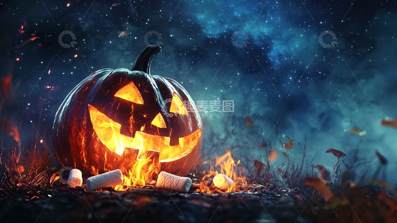 高清大图下载【趣麦麦图】万圣节南瓜篝火夜景
