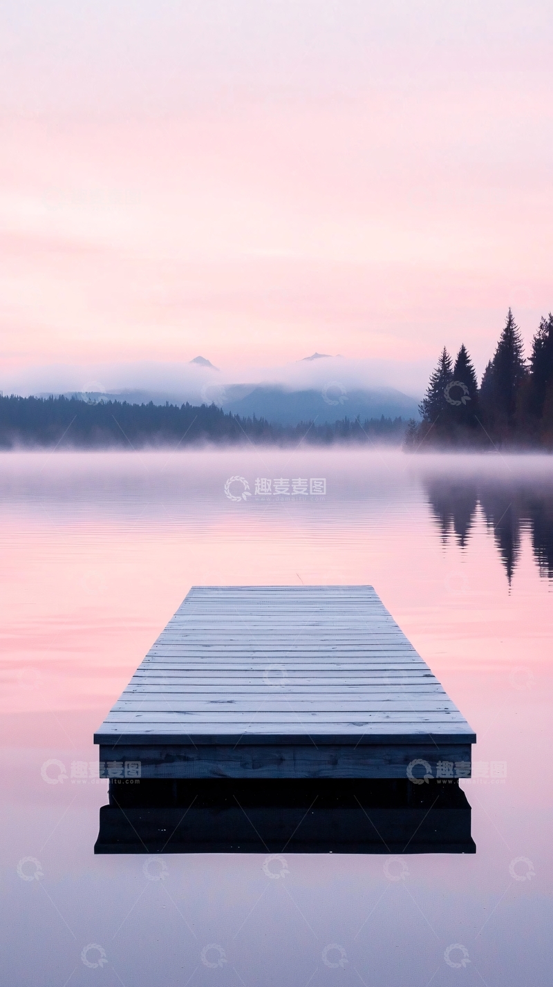 高清大图下载【趣麦麦图】晨雾中的湖面码头