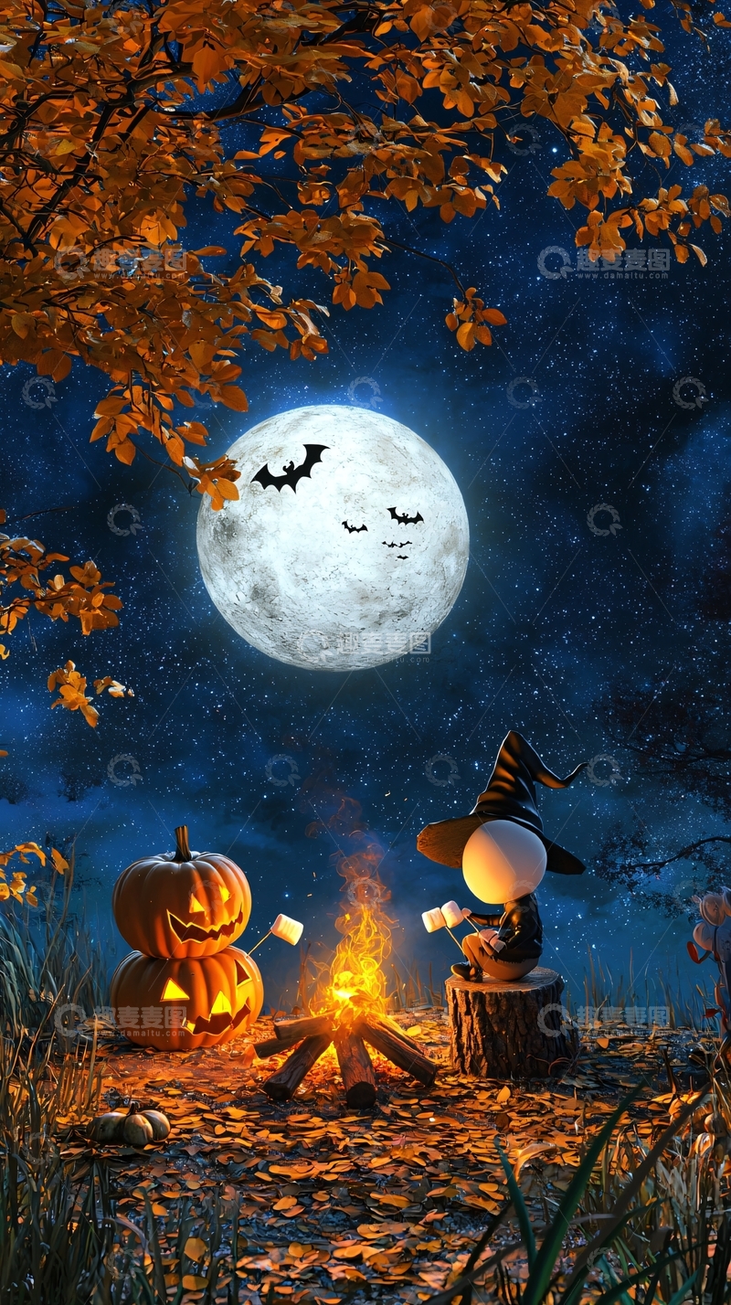 高清大图下载【趣麦麦图】万圣节夜景篝火南瓜