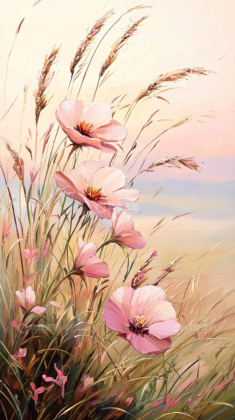 高清大图下载【趣麦麦图】粉红色花朵与麦穗的田野风景