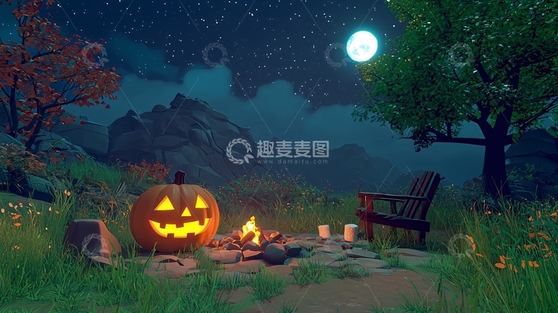 高清大图下载【趣麦麦图】秋夜户外露营篝火南瓜灯