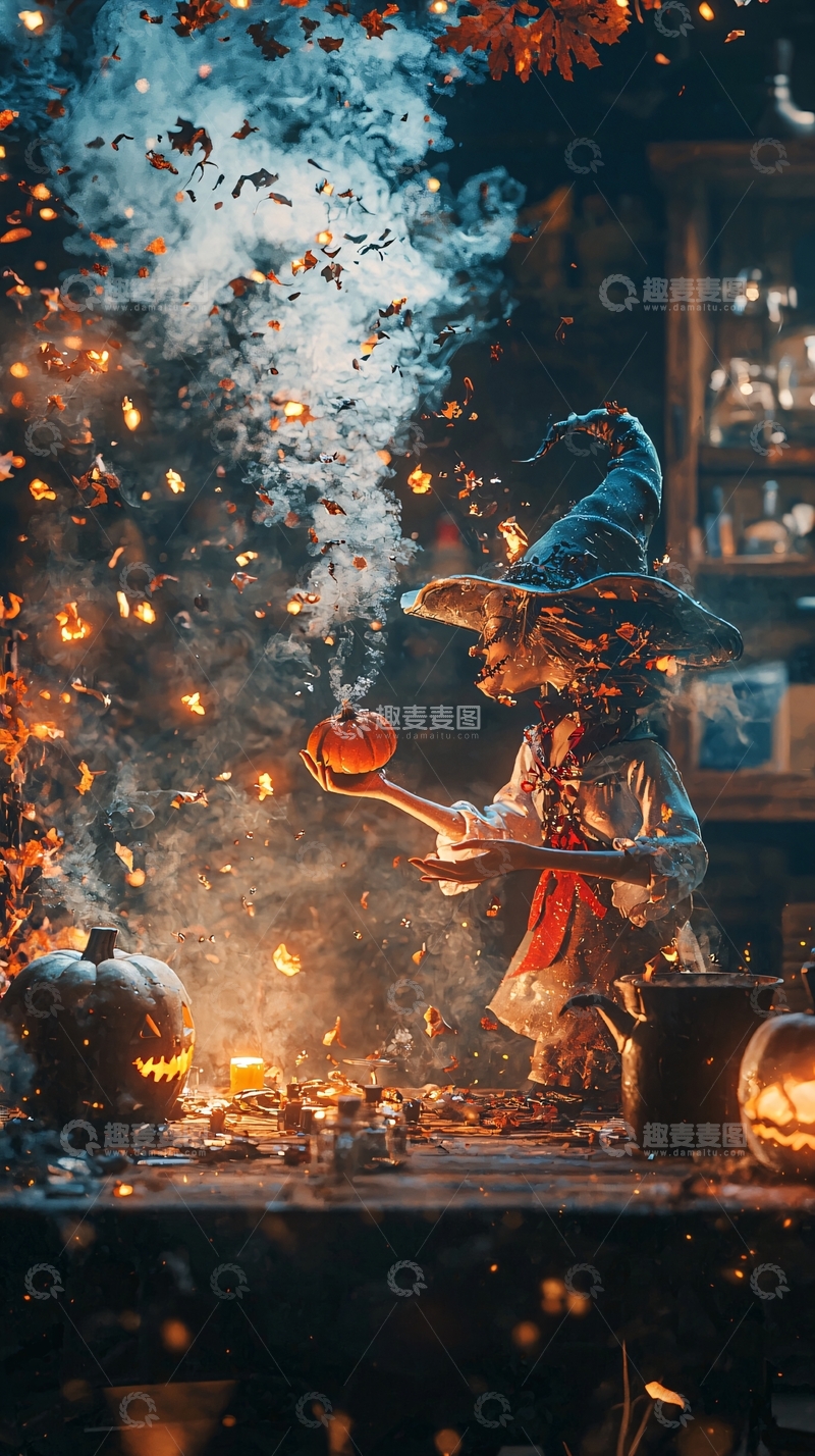 高清大图下载【趣麦麦图】万圣节女巫与南瓜灯