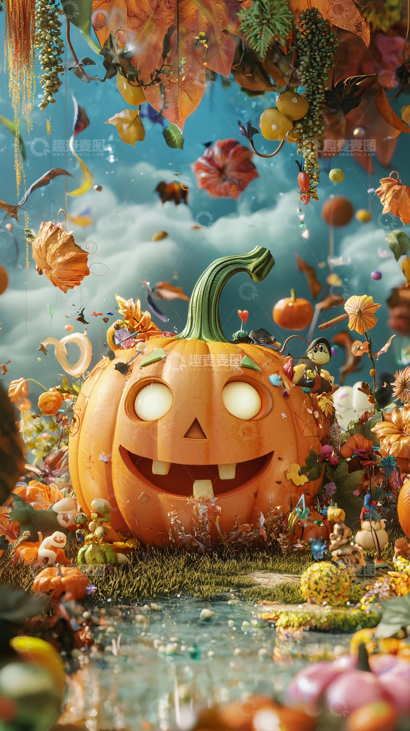 高清大图下载【趣麦麦图】-万圣节南瓜与落叶场景