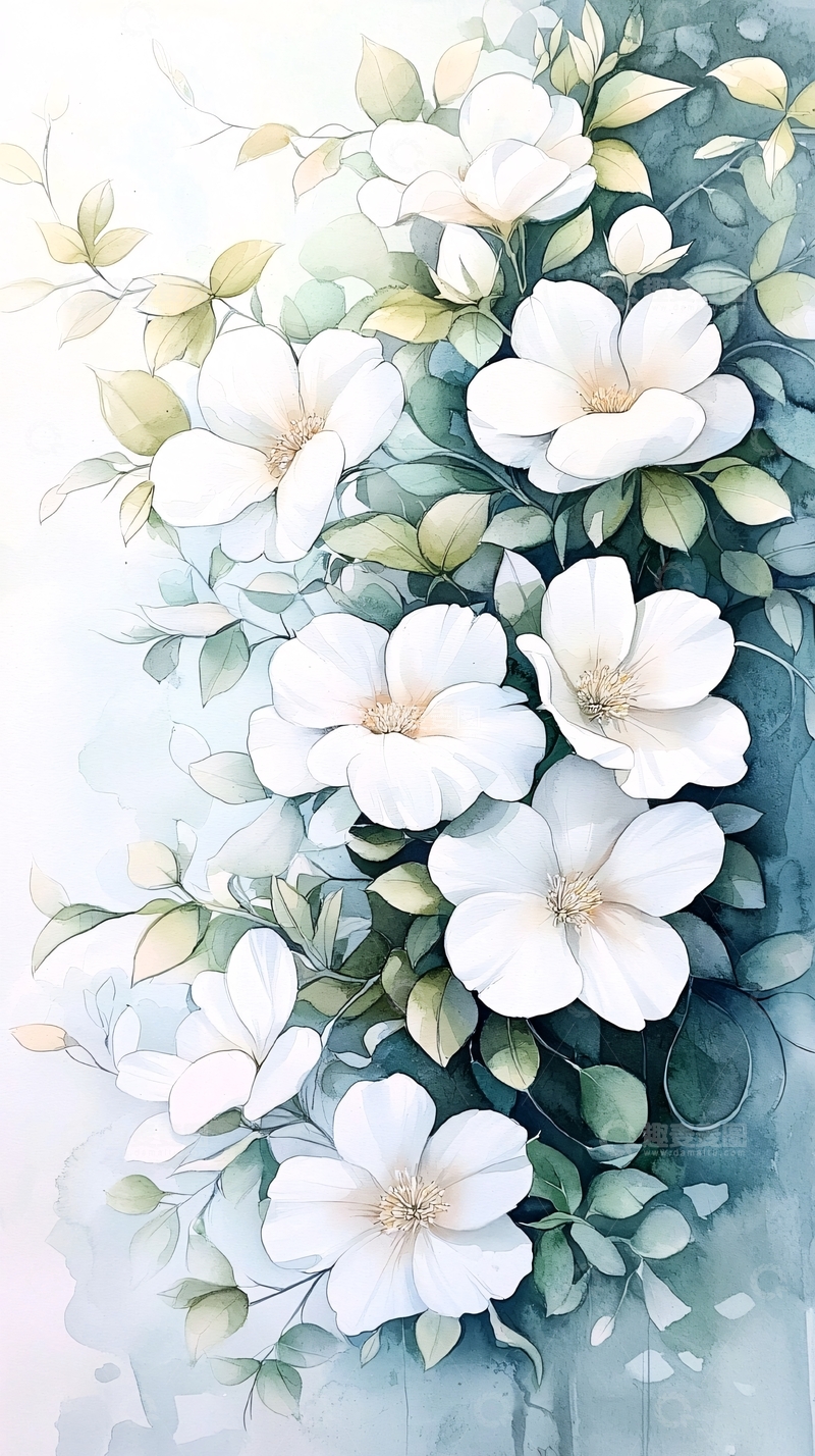 高清大图下载【趣麦麦图】白色花朵与绿叶水彩画