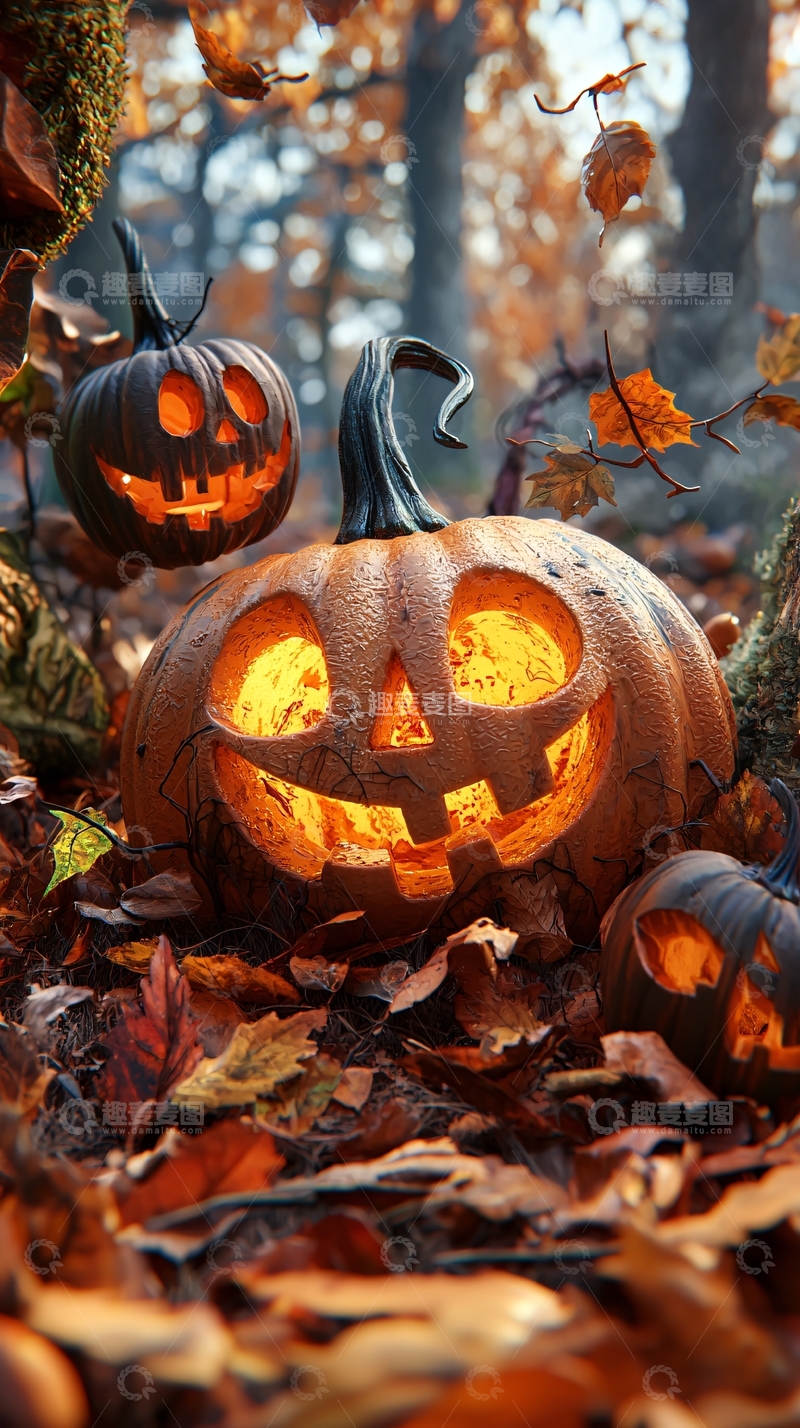 高清大图下载【趣麦麦图】秋日森林中的南瓜灯