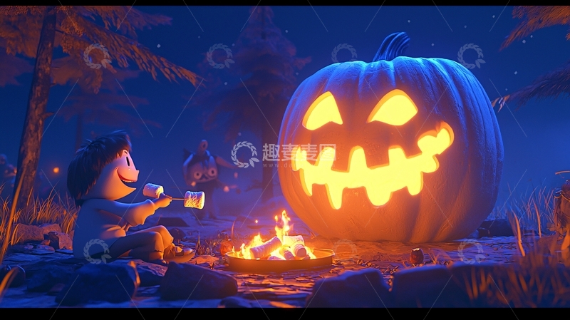 高清大图下载【趣麦麦图】万圣节夜晚烤棉花糖的小男孩