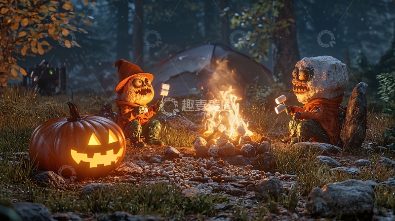 高清大图下载【趣麦麦图】万圣节篝火烤棉花糖场景