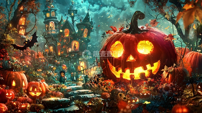 高清大图下载【趣麦麦图】万圣节南瓜灯与鬼屋
