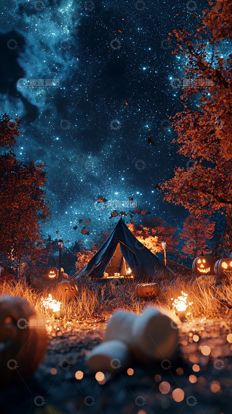 高清大图下载【趣麦麦图】秋夜露营南瓜灯
