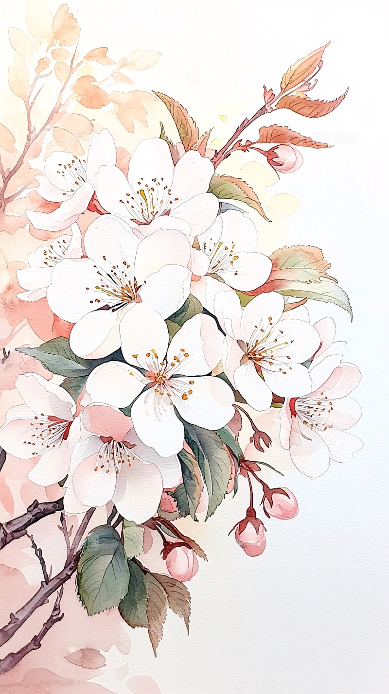 高清大图下载【趣麦麦图】桃花盛开的树枝插画