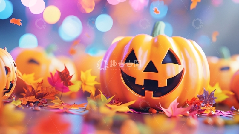 高清大图下载【趣麦麦图】万圣节南瓜灯与落叶