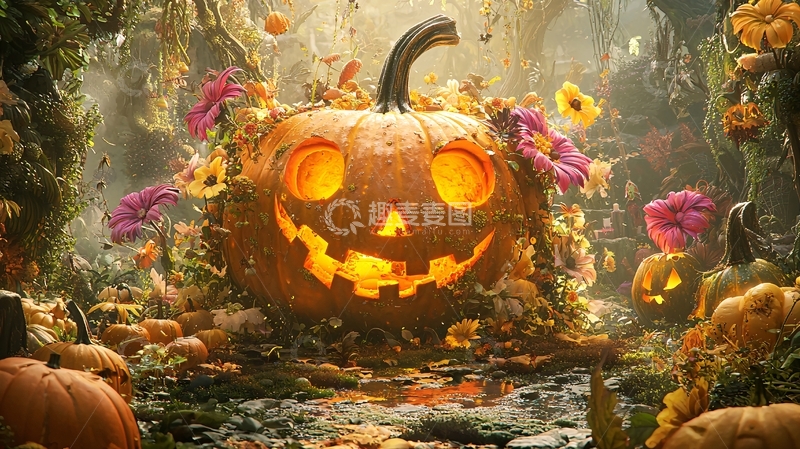 高清大图下载【趣麦麦图】万圣节南瓜灯与花海