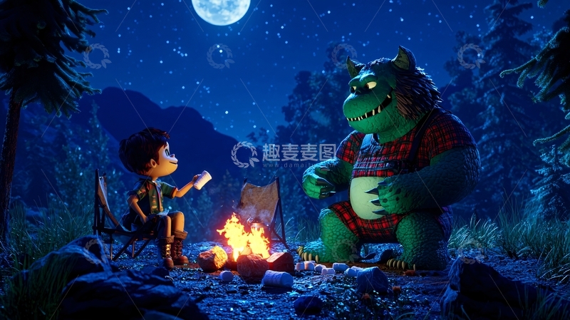 高清大图下载【趣麦麦图】夜晚露营篝火与怪物对话