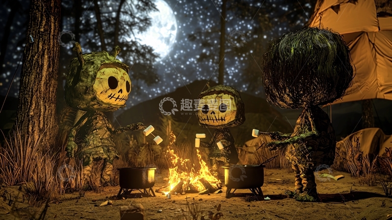 高清大图下载【趣麦麦图】森林篝火旁的木偶们