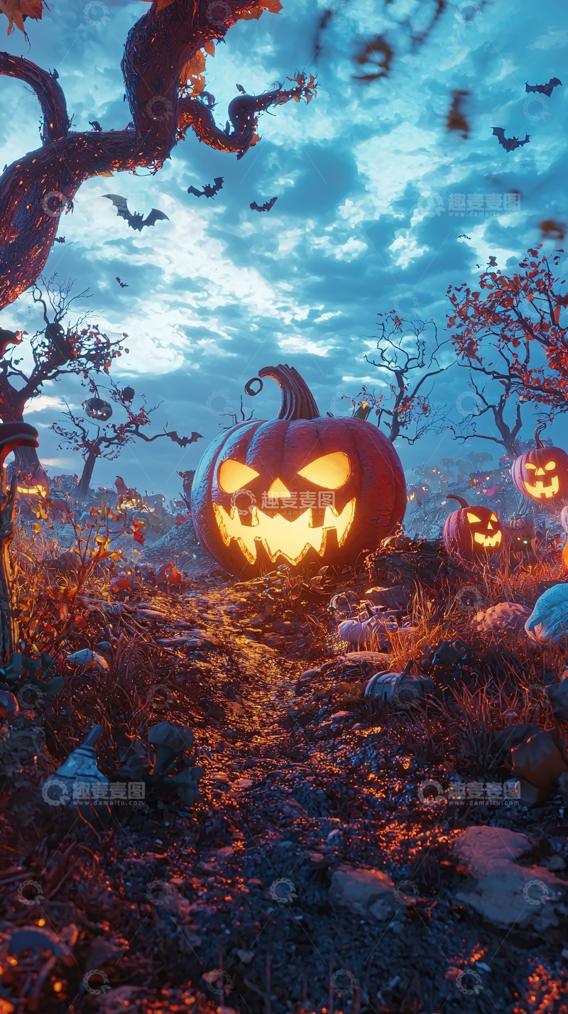 高清大图下载【趣麦麦图】万圣节南瓜灯森林夜景