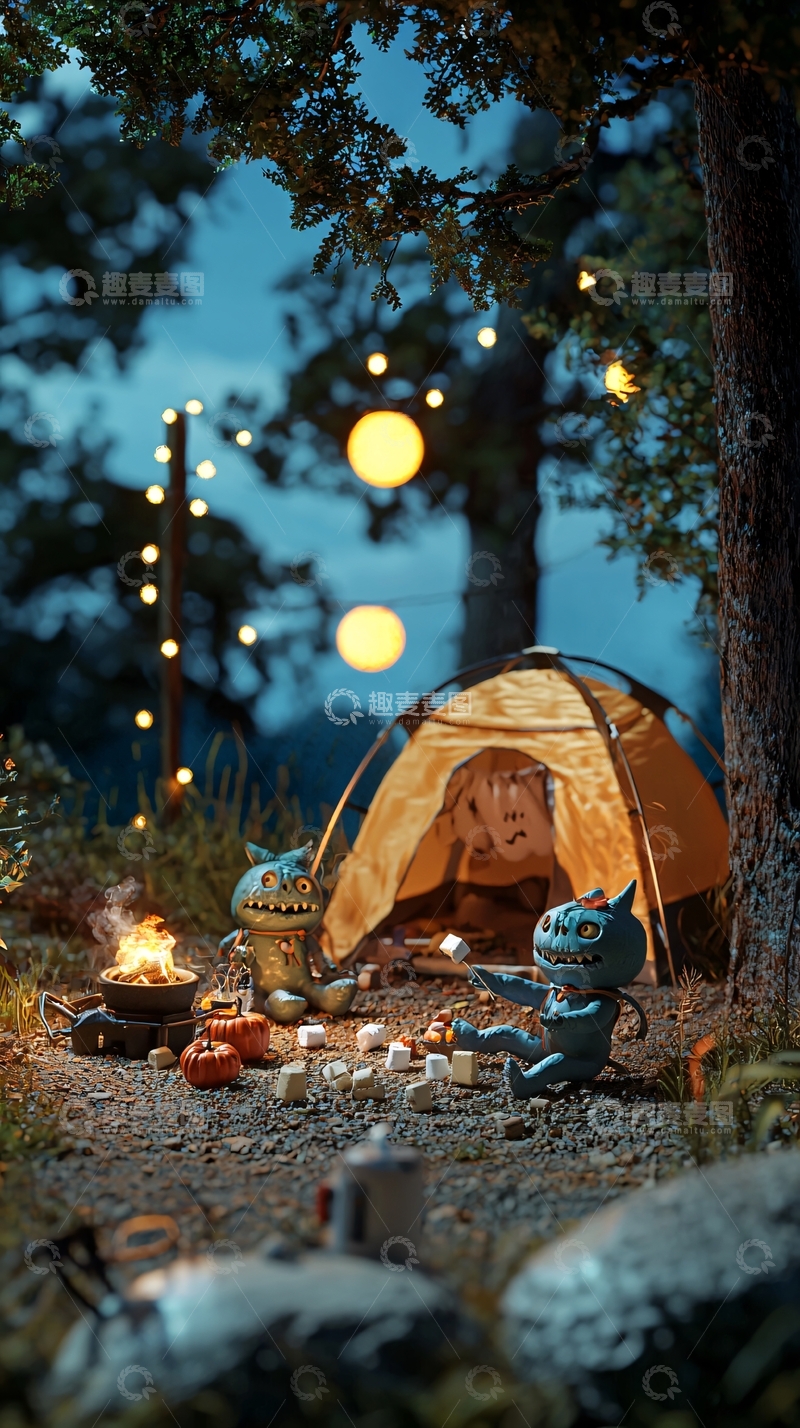 高清大图下载【趣麦麦图】森林露营探险夜景