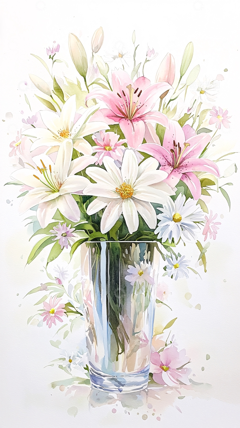 高清大图下载【趣麦麦图】百合花与雏菊的透明玻璃花瓶插画